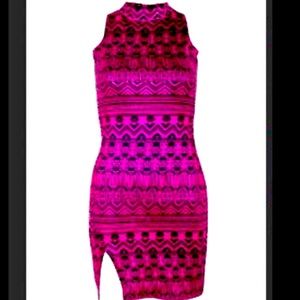 Fuchsia Pink Boohoo Tribal Print Party Dress Split Thigh Bohemian Chic Glam